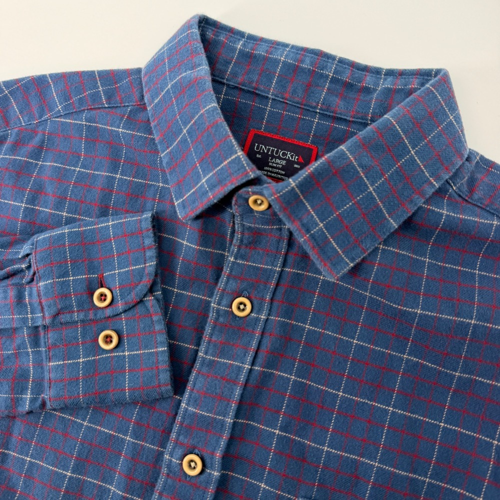 UNTUCKit Balar Button Down Shirt Mens Large Blue Red Plaid Slim Fit Flannel